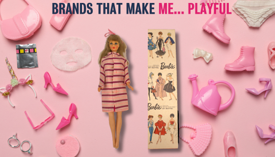 A pink background with a Barbie doll in the centre and different pink Barbie accessories around her