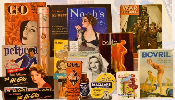 Collage of vintage advertisements, including magazines like 'GO' and 'War Pictorial,' beauty products like 'Hi-Glo' and 'Ballito,' household items like 'O'Cedar' polish, and ads for Bovril and Schweppes. Features retro illustrations of women, fashion, and soldiers.