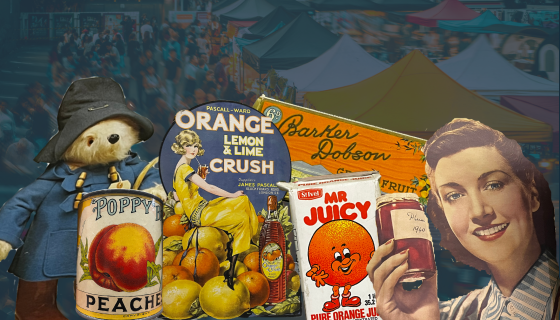 Cut-out collaged images of historic fruit-flavoured products and adverts, including a tin of peaches, Mr Juicy orange juice, and an image of a 1940s woman holding plum jam. Set against a background image of Portobello Road.